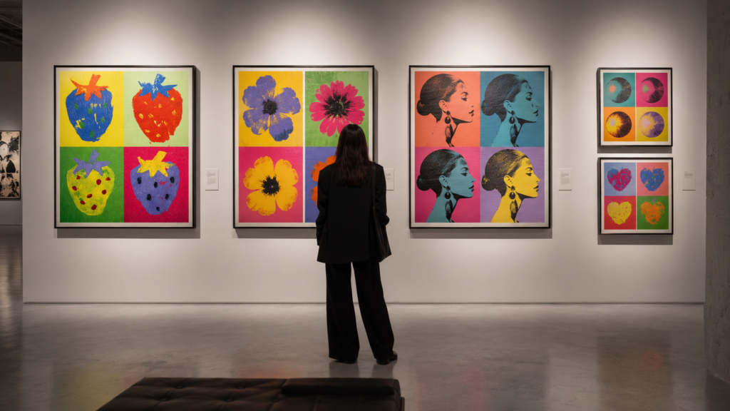 A collector views framed limited edition prints in a contemporary art gallery, showing that prints and editions can be valuable works of art for first-time collectors.