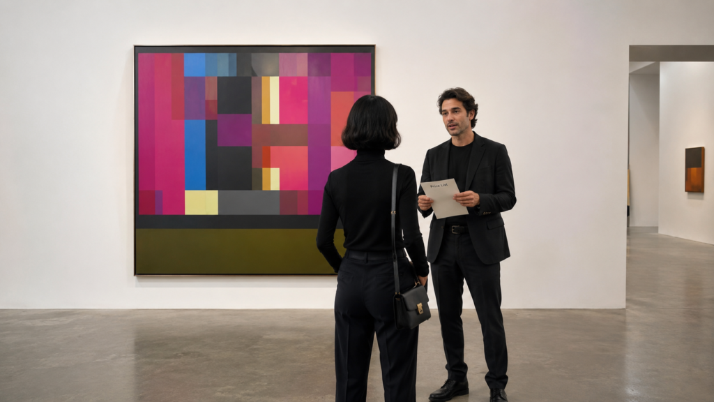 An art dealer holds a price list while discussing the full cost of an artwork with a female collector in a minimalist contemporary gallery.