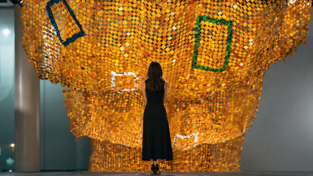 A woman in a black dress stands alone in a contemporary art gallery, viewing a large golden abstract installation, representing first-time art buyers learning insider advice from an art dealer.