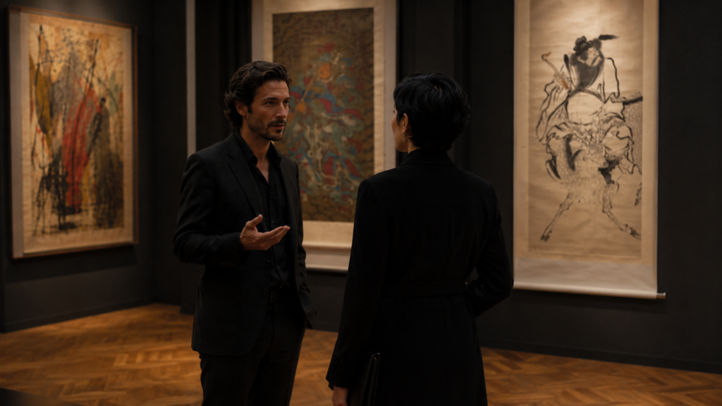 An art dealer discusses pricing with a female collector inside a dark contemporary gallery, illustrating that first-time art buyers are allowed to negotiate artwork prices.