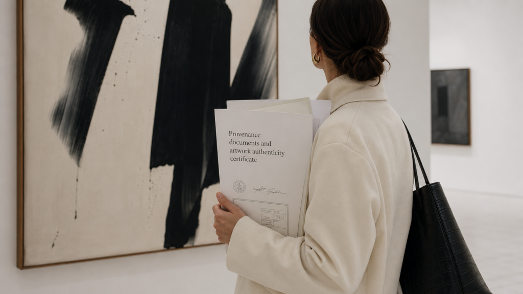 A female art collector holds provenance documents and an artwork authenticity certificate while standing in a contemporary gallery, highlighting the importance of provenance when buying art.